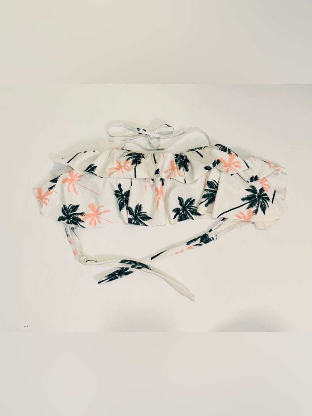 Ruffle Bandeau Bikini Top with Palm Print - White, Black & Peach Size M